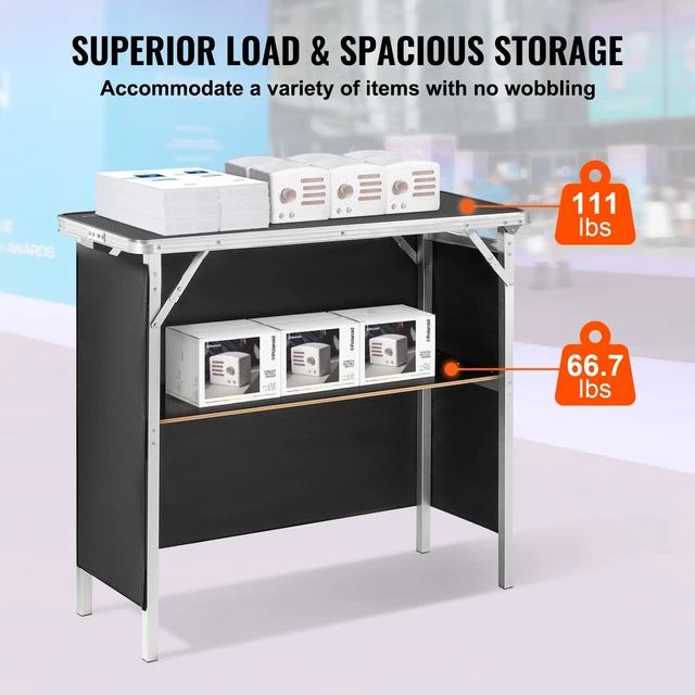 Alt view image 2 of 7 - Folding Portable Bar Table, Tradeshow Podium Table for Indoor, Outdoor, Party, Picnic, Exhibition, Includes Carrying Case, Storage Shelf and Black Skirt, 38.39" x 15.16" x 34.25"