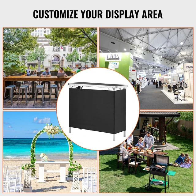 Alt view image 5 of 7 - Folding Portable Bar Table, Tradeshow Podium Table for Indoor, Outdoor, Party, Picnic, Exhibition, Includes Carrying Case, Storage Shelf and Black Skirt, 38.39" x 15.16" x 34.25"