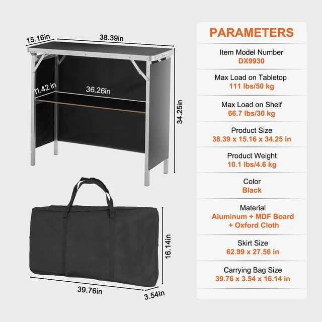 Alt view image 6 of 7 - Folding Portable Bar Table, Tradeshow Podium Table for Indoor, Outdoor, Party, Picnic, Exhibition, Includes Carrying Case, Storage Shelf and Black Skirt, 38.39" x 15.16" x 34.25"