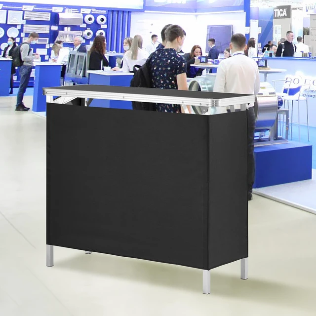 Alt view image 7 of 7 - Folding Portable Bar Table, Tradeshow Podium Table for Indoor, Outdoor, Party, Picnic, Exhibition, Includes Carrying Case, Storage Shelf and Black Skirt, 38.39" x 15.16" x 34.25"