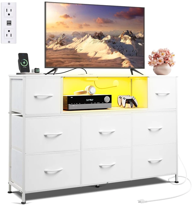 Main image of LED Dresser TV Stand for 55 Inch TV, 8 Fabric Drawers, White Dresser | Fits TVs up to 55 inch, LED Chest of Drawers, Built-in AC Power Outlet and USB-A, Dresser for Bedroom Living Room Gaming Room