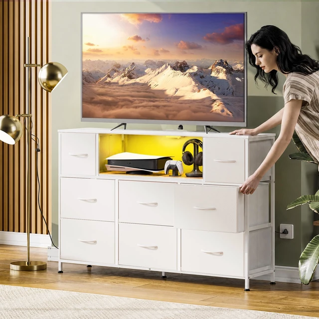 Alt view image 2 of 7 - LED Dresser TV Stand for 55 Inch TV, 8 Fabric Drawers, White Dresser | Fits TVs up to 55 inch, LED Chest of Drawers, Built-in AC Power Outlet and USB-A, Dresser for Bedroom Living Room Gaming Room