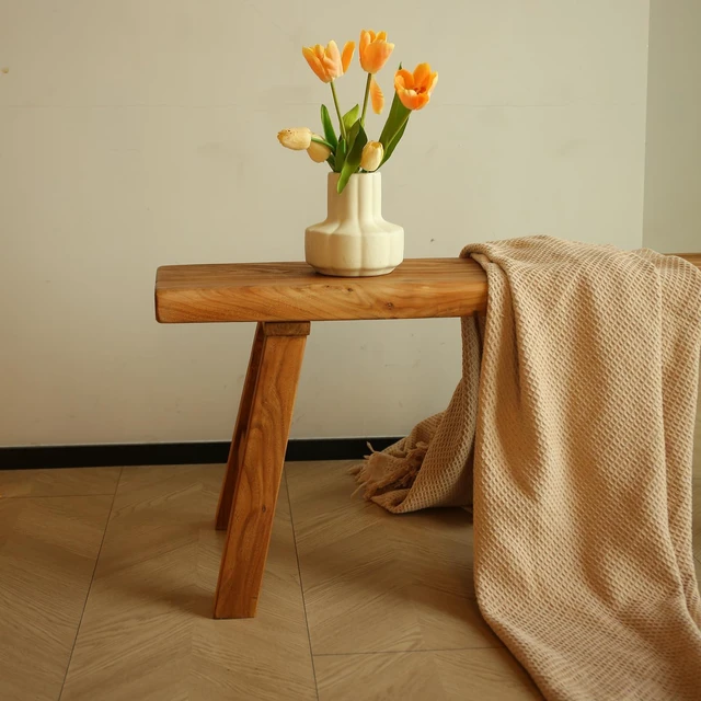 Alt view image 2 of 7 - Wooden Bench Indoor Rustic Farmhouse Narrow Entryway Bench with Slim Skinny Design, Natural Solid Wood, Perfect for Dining Room, Bedroom, or End of Bed, 31.5in Length