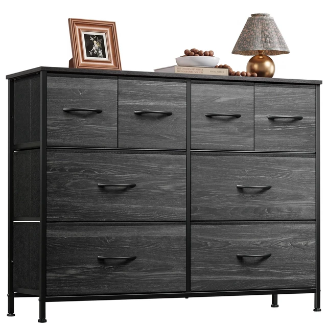 Main image of Wide Dresser for Bedroom, 8 Drawer Chest of Drawers, Black Wood Grain | 8 roomy fabric drawers, Wide storage design, Bedroom or closet use, Sturdy steel frame, Smooth wood tabletop