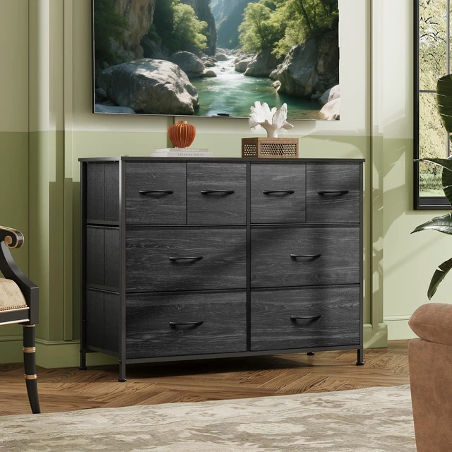 Alt view image 2 of 7 - Wide Dresser for Bedroom, 8 Drawer Chest of Drawers, Black Wood Grain | 8 roomy fabric drawers, Wide storage design, Bedroom or closet use, Sturdy steel frame, Smooth wood tabletop