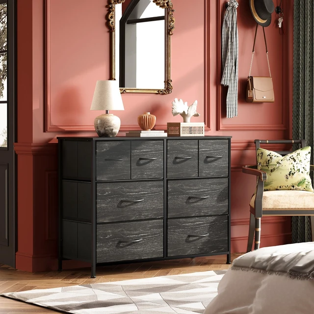 Alt view image 3 of 7 - Wide Dresser for Bedroom, 8 Drawer Chest of Drawers, Black Wood Grain | 8 roomy fabric drawers, Wide storage design, Bedroom or closet use, Sturdy steel frame, Smooth wood tabletop