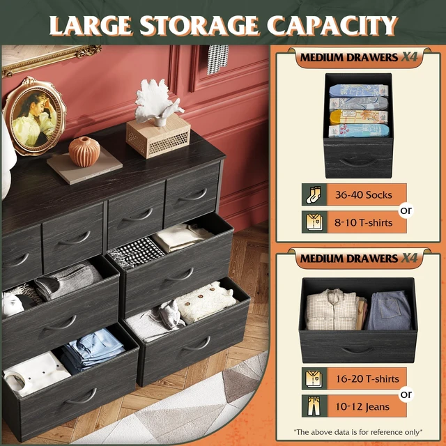 Alt view image 4 of 7 - Wide Dresser for Bedroom, 8 Drawer Chest of Drawers, Black Wood Grain | 8 roomy fabric drawers, Wide storage design, Bedroom or closet use, Sturdy steel frame, Smooth wood tabletop