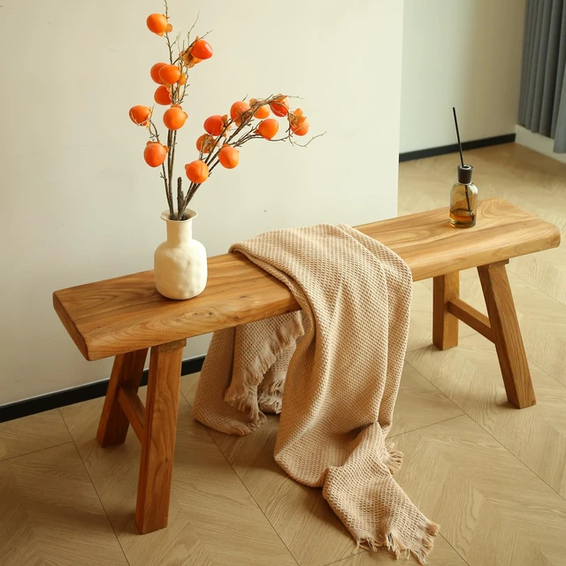 Alt view image 4 of 7 - Wooden Bench Indoor Rustic Farmhouse Narrow Entryway Bench with Slim Skinny Design, Natural Solid Wood, Perfect for Dining Room, Bedroom, or End of Bed, 31.5in Length