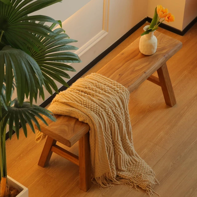 Alt view image 6 of 7 - Wooden Bench Indoor Rustic Farmhouse Narrow Entryway Bench with Slim Skinny Design, Natural Solid Wood, Perfect for Dining Room, Bedroom, or End of Bed, 31.5in Length