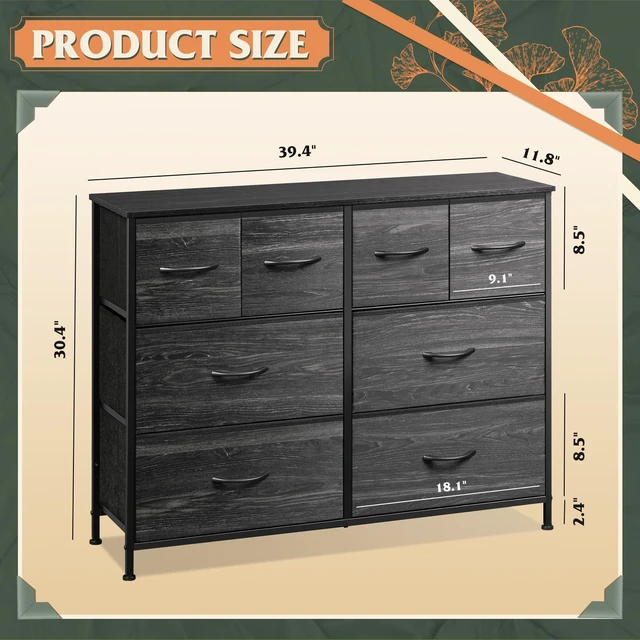 Alt view image 7 of 7 - Wide Dresser for Bedroom, 8 Drawer Chest of Drawers, Black Wood Grain | 8 roomy fabric drawers, Wide storage design, Bedroom or closet use, Sturdy steel frame, Smooth wood tabletop