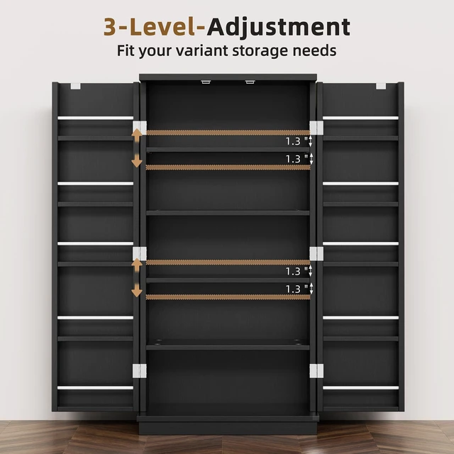Alt view image 3 of 5 - 47'' Kitchen Pantry Cabinet, 5-Layer Storage Cupboard, Black | Adjustable Shelves, for Organizing and Storing Food Items, Versatile Buffet Sideboard, for Kitchen, Bathroom and Laundry