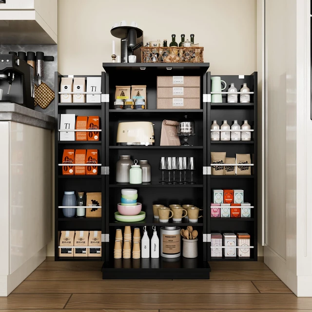 Alt view image 4 of 5 - 47'' Kitchen Pantry Cabinet, 5-Layer Storage Cupboard, Black | Adjustable Shelves, for Organizing and Storing Food Items, Versatile Buffet Sideboard, for Kitchen, Bathroom and Laundry