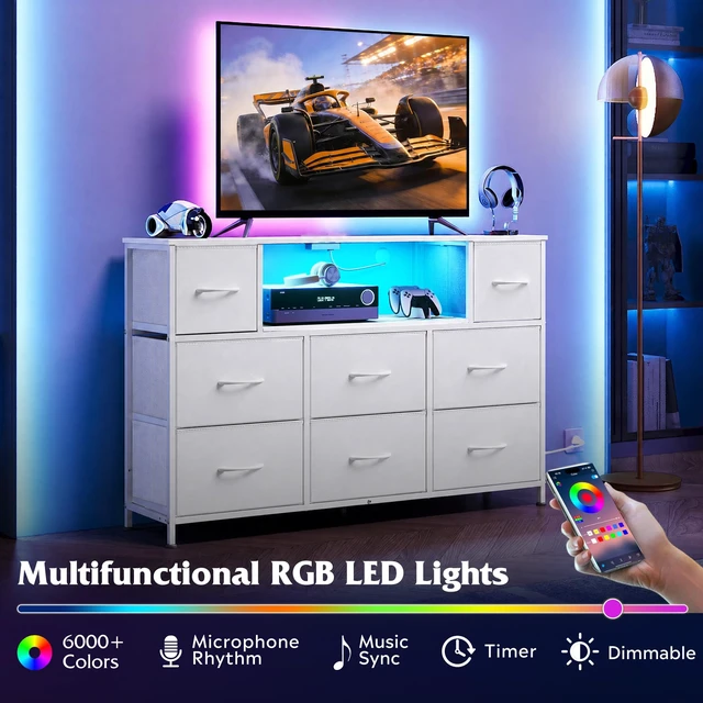 Alt view image 3 of 7 - LED Dresser TV Stand for 55 Inch TV, 8 Fabric Drawers, White Dresser | Fits TVs up to 55 inch, LED Chest of Drawers, Built-in AC Power Outlet and USB-A, Dresser for Bedroom Living Room Gaming Room