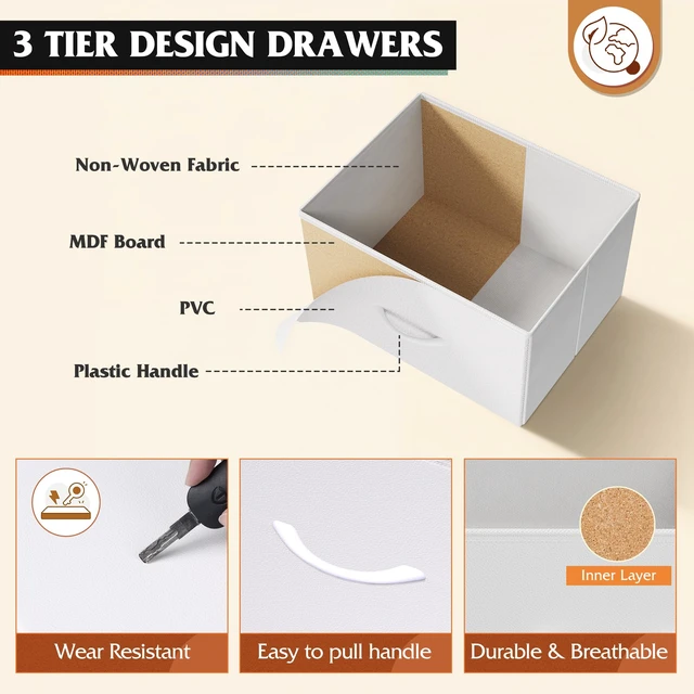 Alt view image 6 of 7 - LED Dresser TV Stand for 55 Inch TV, 8 Fabric Drawers, White Dresser | Fits TVs up to 55 inch, LED Chest of Drawers, Built-in AC Power Outlet and USB-A, Dresser for Bedroom Living Room Gaming Room