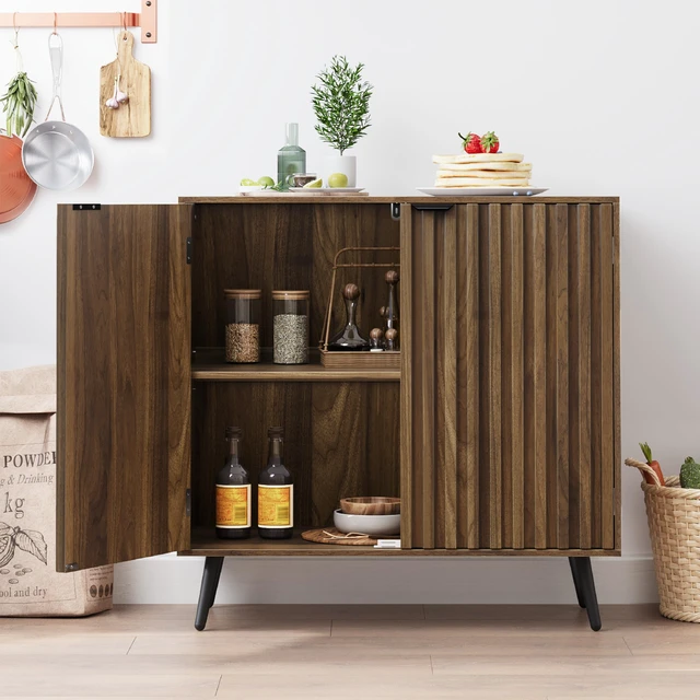 Alt view image 2 of 7 - Fluted Sideboard Cabinet, Freestanding Walnut Buffet Cabinet with Adjustable Shelf, Wood Storage Cabinet for Living Room, Entryway, Hallway