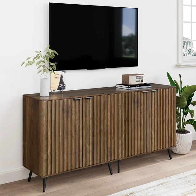 Alt view image 6 of 7 - Fluted Sideboard Cabinet, Freestanding Walnut Buffet Cabinet with Adjustable Shelf, Wood Storage Cabinet for Living Room, Entryway, Hallway