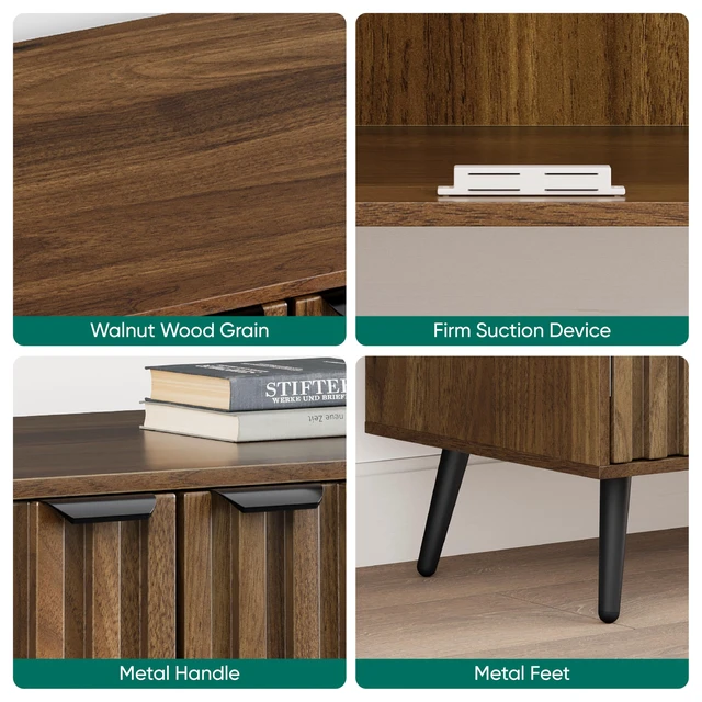 Alt view image 4 of 7 - Fluted Sideboard Cabinet, Freestanding Walnut Buffet Cabinet with Adjustable Shelf, Wood Storage Cabinet for Living Room, Entryway, Hallway