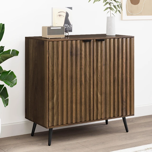 Alt view image 7 of 7 - Fluted Sideboard Cabinet, Freestanding Walnut Buffet Cabinet with Adjustable Shelf, Wood Storage Cabinet for Living Room, Entryway, Hallway