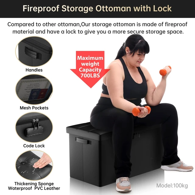 Alt view image 5 of 7 - Storage Ottoman Bench,Fireproof Folding Bench with Lock,30 Inches FireWater Resistant Storage Chest Foot Rest Stool Leather Bedroom Bench with Storage Safe for Document,Valuables,Black