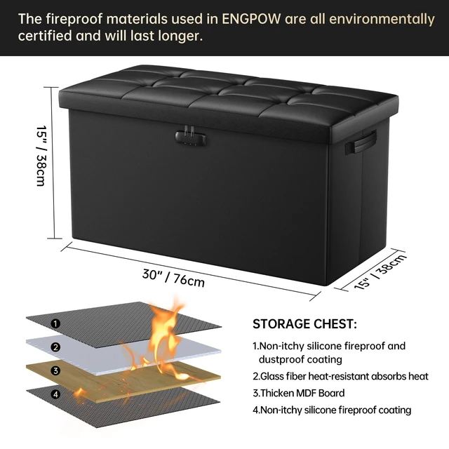 Alt view image 7 of 7 - Storage Ottoman Bench,Fireproof Folding Bench with Lock,30 Inches FireWater Resistant Storage Chest Foot Rest Stool Leather Bedroom Bench with Storage Safe for Document,Valuables,Black
