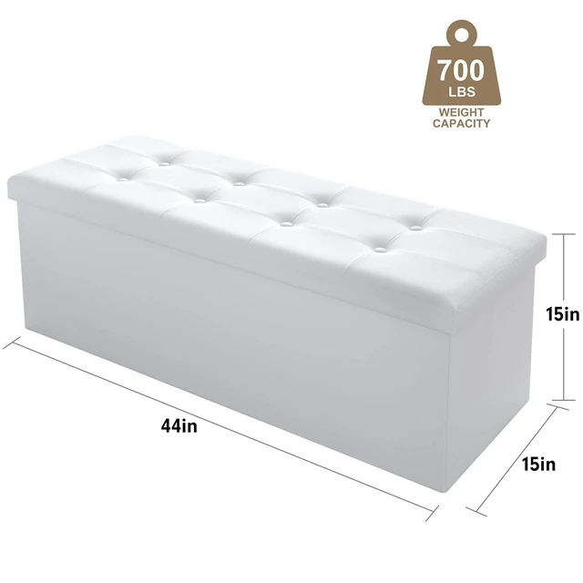 Alt view image 3 of 5 - 43 Inch Folding Storage Ottoman Bench 120L Hold up 700lbs Ottoman with Storage Chest Foam Seat Padded Foot Rest Stool Faux Leather Bedroom Bench Coffee Table White