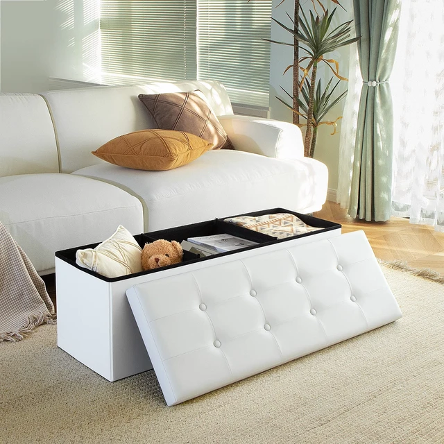 Alt view image 2 of 5 - 43 Inch Folding Storage Ottoman Bench 120L Hold up 700lbs Ottoman with Storage Chest Foam Seat Padded Foot Rest Stool Faux Leather Bedroom Bench Coffee Table White