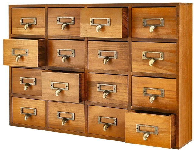 Main image of Apothecary Cabinet with 16 Drawers, Brown Card Catalog Cabinet | Wooden Desktop Organizer with Vintage Tabletop Storage for Office Supplies, Makeup, Craft Items and Stationery