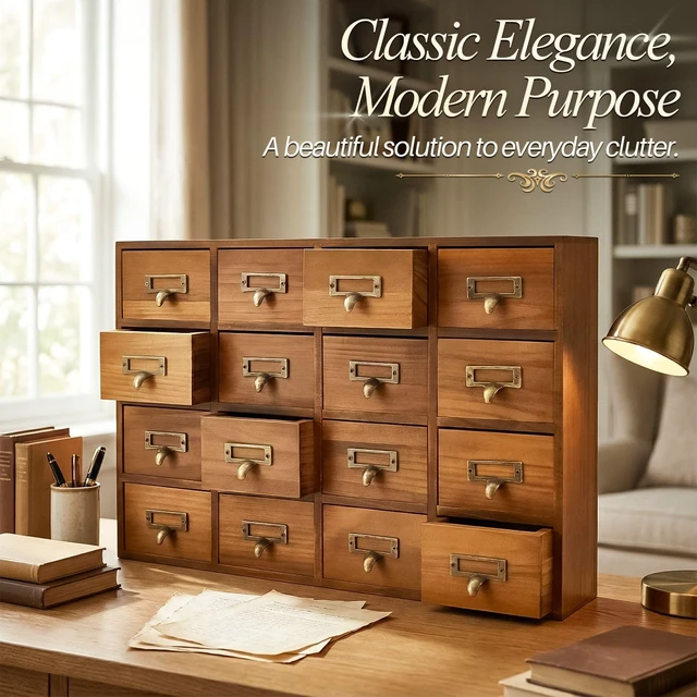 Alt view image 2 of 7 - Apothecary Cabinet with 16 Drawers, Brown Card Catalog Cabinet | Wooden Desktop Organizer with Vintage Tabletop Storage for Office Supplies, Makeup, Craft Items and Stationery
