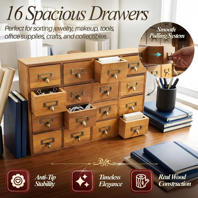 Alt view image 3 of 7 - Apothecary Cabinet with 16 Drawers, Brown Card Catalog Cabinet | Wooden Desktop Organizer with Vintage Tabletop Storage for Office Supplies, Makeup, Craft Items and Stationery