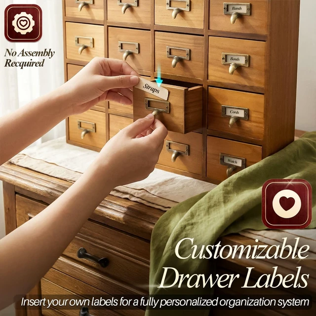 Alt view image 4 of 7 - Apothecary Cabinet with 16 Drawers, Brown Card Catalog Cabinet | Wooden Desktop Organizer with Vintage Tabletop Storage for Office Supplies, Makeup, Craft Items and Stationery