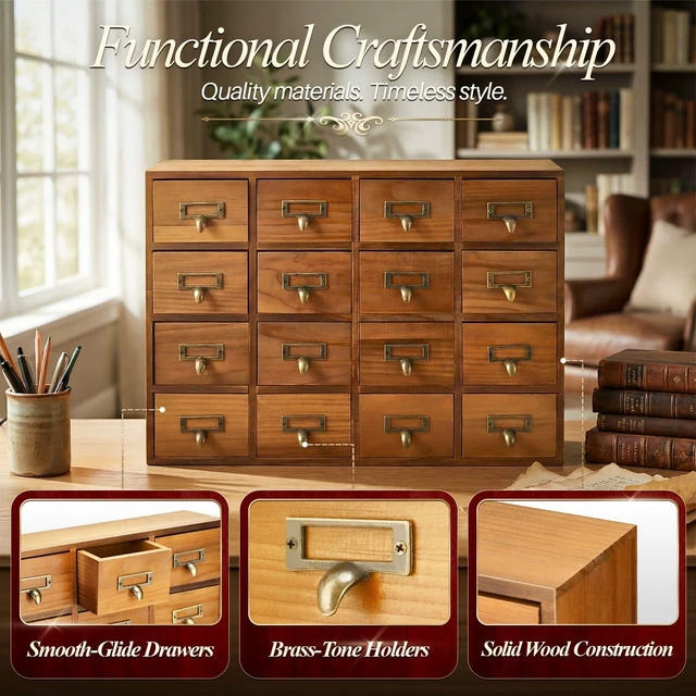 Alt view image 5 of 7 - Apothecary Cabinet with 16 Drawers, Brown Card Catalog Cabinet | Wooden Desktop Organizer with Vintage Tabletop Storage for Office Supplies, Makeup, Craft Items and Stationery