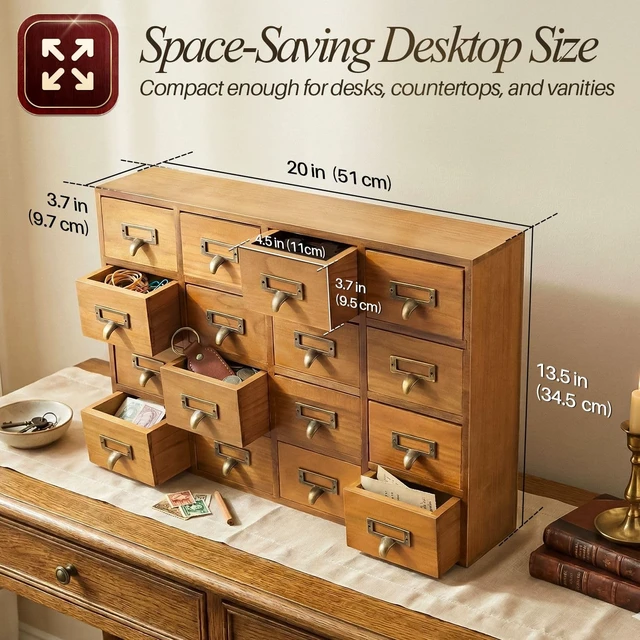 Alt view image 7 of 7 - Apothecary Cabinet with 16 Drawers, Brown Card Catalog Cabinet | Wooden Desktop Organizer with Vintage Tabletop Storage for Office Supplies, Makeup, Craft Items and Stationery