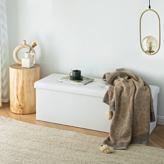 Alt view image 5 of 5 - 43 Inch Folding Storage Ottoman Bench 120L Hold up 700lbs Ottoman with Storage Chest Foam Seat Padded Foot Rest Stool Faux Leather Bedroom Bench Coffee Table White