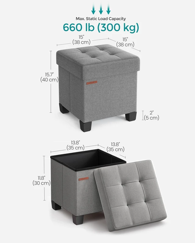 Alt view image 4 of 7 - Storage Ottoman, Small Foot Rest, 15 x 15 x 15.7 Inches | Foot Stool with Legs, Load up to 661.4 lb, for Living Room, Bedroom, Dorm, Gray and Yellow, MELISA Collection ULSF014G02