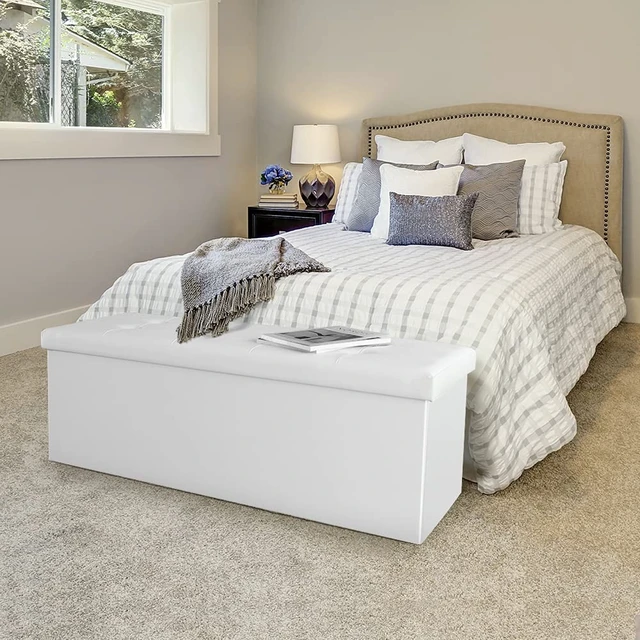 Alt view image 4 of 5 - 43 Inch Folding Storage Ottoman Bench 120L Hold up 700lbs Ottoman with Storage Chest Foam Seat Padded Foot Rest Stool Faux Leather Bedroom Bench Coffee Table White