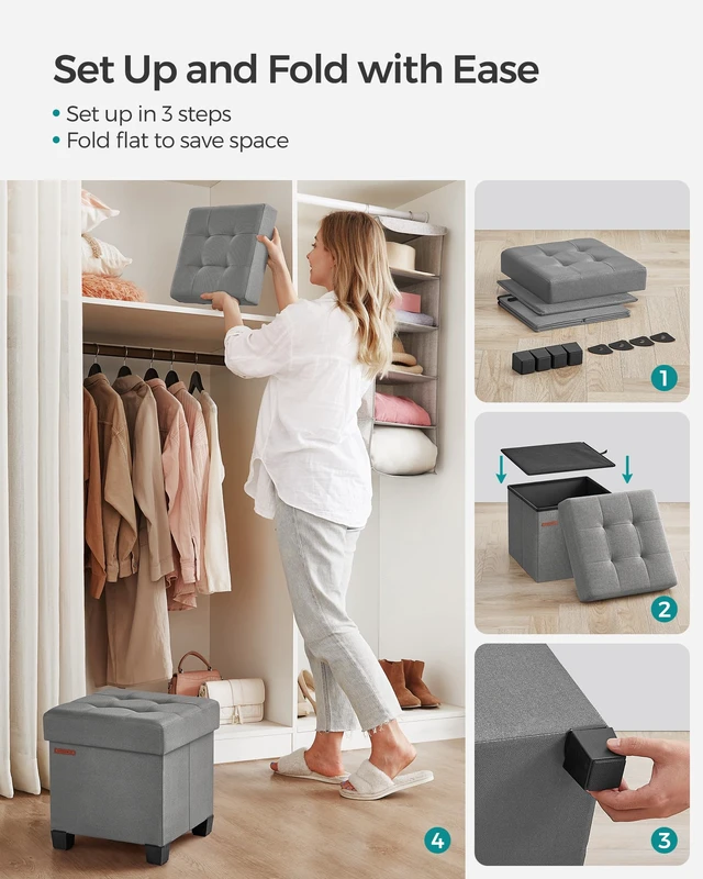 Alt view image 6 of 7 - Storage Ottoman, Small Foot Rest, 15 x 15 x 15.7 Inches | Foot Stool with Legs, Load up to 661.4 lb, for Living Room, Bedroom, Dorm, Gray and Yellow, MELISA Collection ULSF014G02