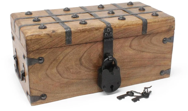 Main image of Treasure Chest Wooden Box with Antique Iron Lock and Skeleton Key (Medium 12.5x6x5.5) - Storage and Decor Pirate Chest, Decorative Storage Chest with Hinged Lid, Wood Treasure Box