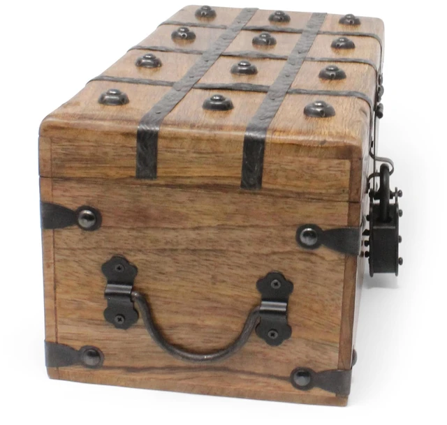 Alt view image 2 of 7 - Treasure Chest Wooden Box with Antique Iron Lock and Skeleton Key (Medium 12.5x6x5.5) - Storage and Decor Pirate Chest, Decorative Storage Chest with Hinged Lid, Wood Treasure Box