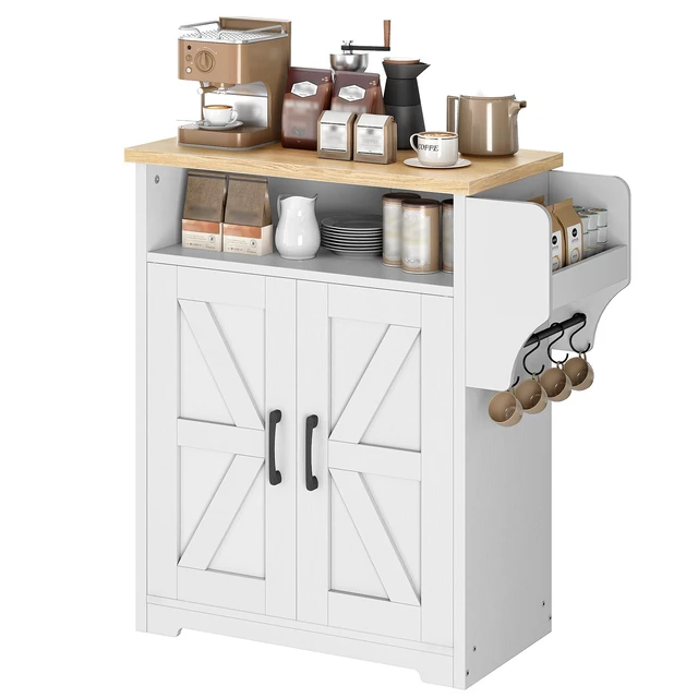 Main image of Coffee Bar Cabinet, Kitchen Island with Storage, Farmhouse Sideboard Buffet Cabinet with Dual-Purpose Floating Shelf and Hooks, for Kitchen Living Room, White and Natural KF22WN