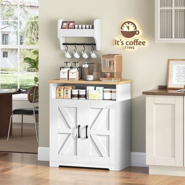 Alt view image 2 of 7 - Coffee Bar Cabinet, Kitchen Island with Storage, Farmhouse Sideboard Buffet Cabinet with Dual-Purpose Floating Shelf and Hooks, for Kitchen Living Room, White and Natural KF22WN
