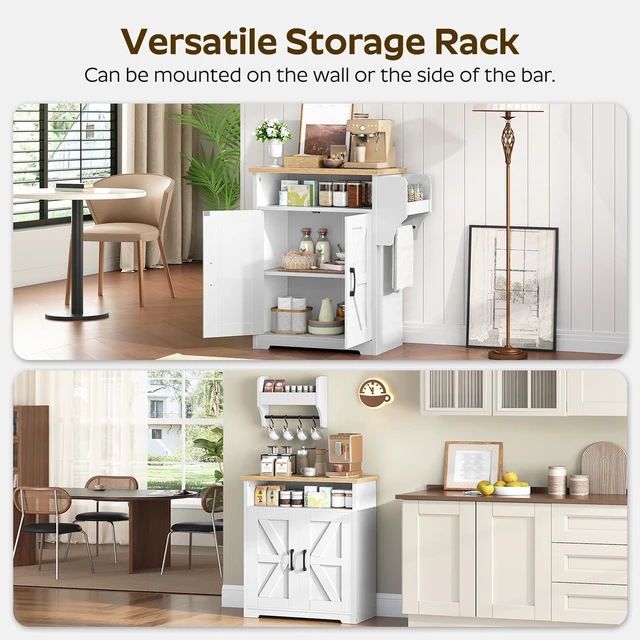 Alt view image 4 of 7 - Coffee Bar Cabinet, Kitchen Island with Storage, Farmhouse Sideboard Buffet Cabinet with Dual-Purpose Floating Shelf and Hooks, for Kitchen Living Room, White and Natural KF22WN
