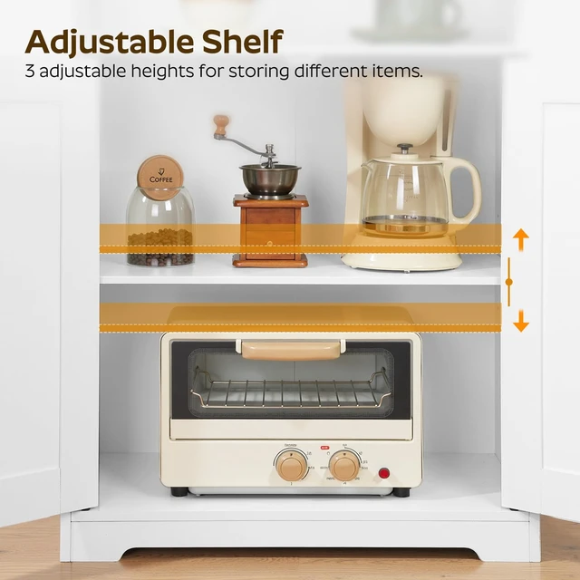 Alt view image 5 of 7 - Coffee Bar Cabinet, Kitchen Island with Storage, Farmhouse Sideboard Buffet Cabinet with Dual-Purpose Floating Shelf and Hooks, for Kitchen Living Room, White and Natural KF22WN