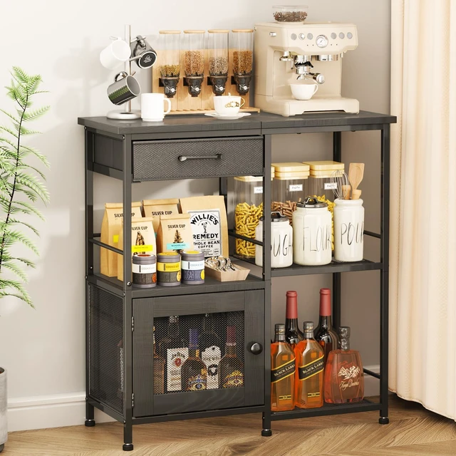 Main image of Coffee Bar Cabinet for Home - Farmhouse Coffee Stand Station Multi-Purpose Storage Cabinet with Adjustable Feet, Drawers - Kitchen Bar Table for Living Room, Corner, Small Space, Black