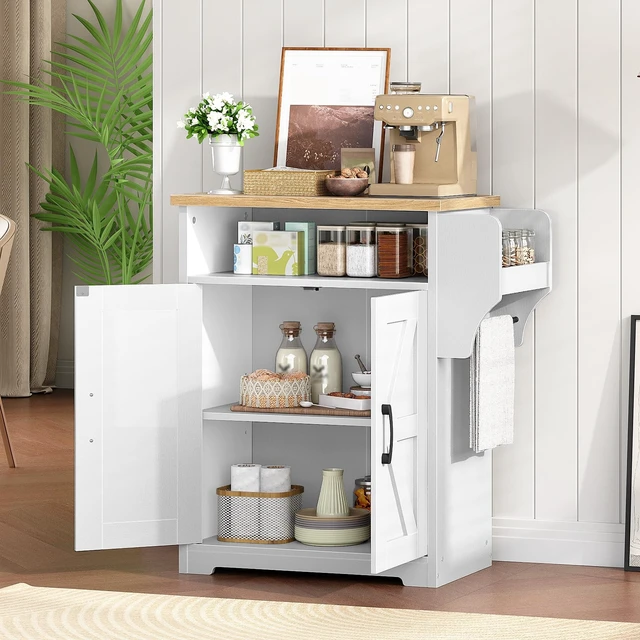 Alt view image 7 of 7 - Coffee Bar Cabinet, Kitchen Island with Storage, Farmhouse Sideboard Buffet Cabinet with Dual-Purpose Floating Shelf and Hooks, for Kitchen Living Room, White and Natural KF22WN