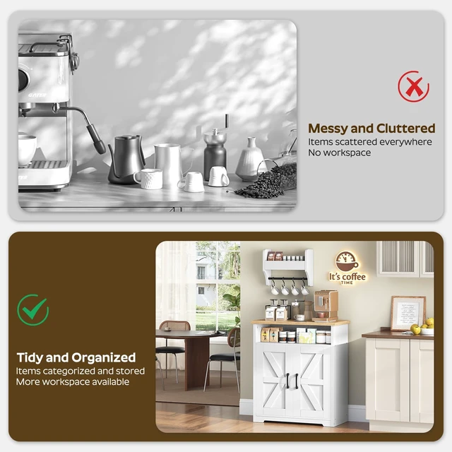 Alt view image 6 of 7 - Coffee Bar Cabinet, Kitchen Island with Storage, Farmhouse Sideboard Buffet Cabinet with Dual-Purpose Floating Shelf and Hooks, for Kitchen Living Room, White and Natural KF22WN