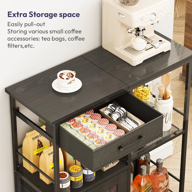 Alt view image 2 of 7 - Coffee Bar Cabinet for Home - Farmhouse Coffee Stand Station Multi-Purpose Storage Cabinet with Adjustable Feet, Drawers - Kitchen Bar Table for Living Room, Corner, Small Space, Black