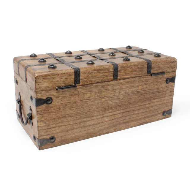 Alt view image 3 of 7 - Treasure Chest Wooden Box with Antique Iron Lock and Skeleton Key (Medium 12.5x6x5.5) - Storage and Decor Pirate Chest, Decorative Storage Chest with Hinged Lid, Wood Treasure Box