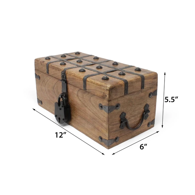 Alt view image 4 of 7 - Treasure Chest Wooden Box with Antique Iron Lock and Skeleton Key (Medium 12.5x6x5.5) - Storage and Decor Pirate Chest, Decorative Storage Chest with Hinged Lid, Wood Treasure Box