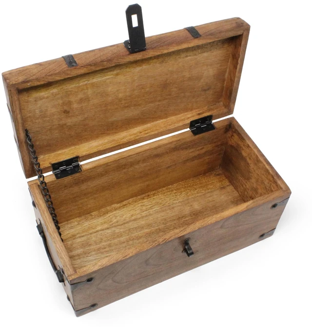 Alt view image 5 of 7 - Treasure Chest Wooden Box with Antique Iron Lock and Skeleton Key (Medium 12.5x6x5.5) - Storage and Decor Pirate Chest, Decorative Storage Chest with Hinged Lid, Wood Treasure Box