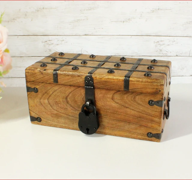 Alt view image 6 of 7 - Treasure Chest Wooden Box with Antique Iron Lock and Skeleton Key (Medium 12.5x6x5.5) - Storage and Decor Pirate Chest, Decorative Storage Chest with Hinged Lid, Wood Treasure Box